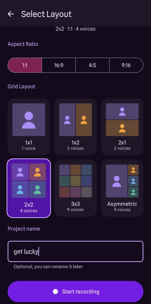 Layout screen: aspect ratio and grid options